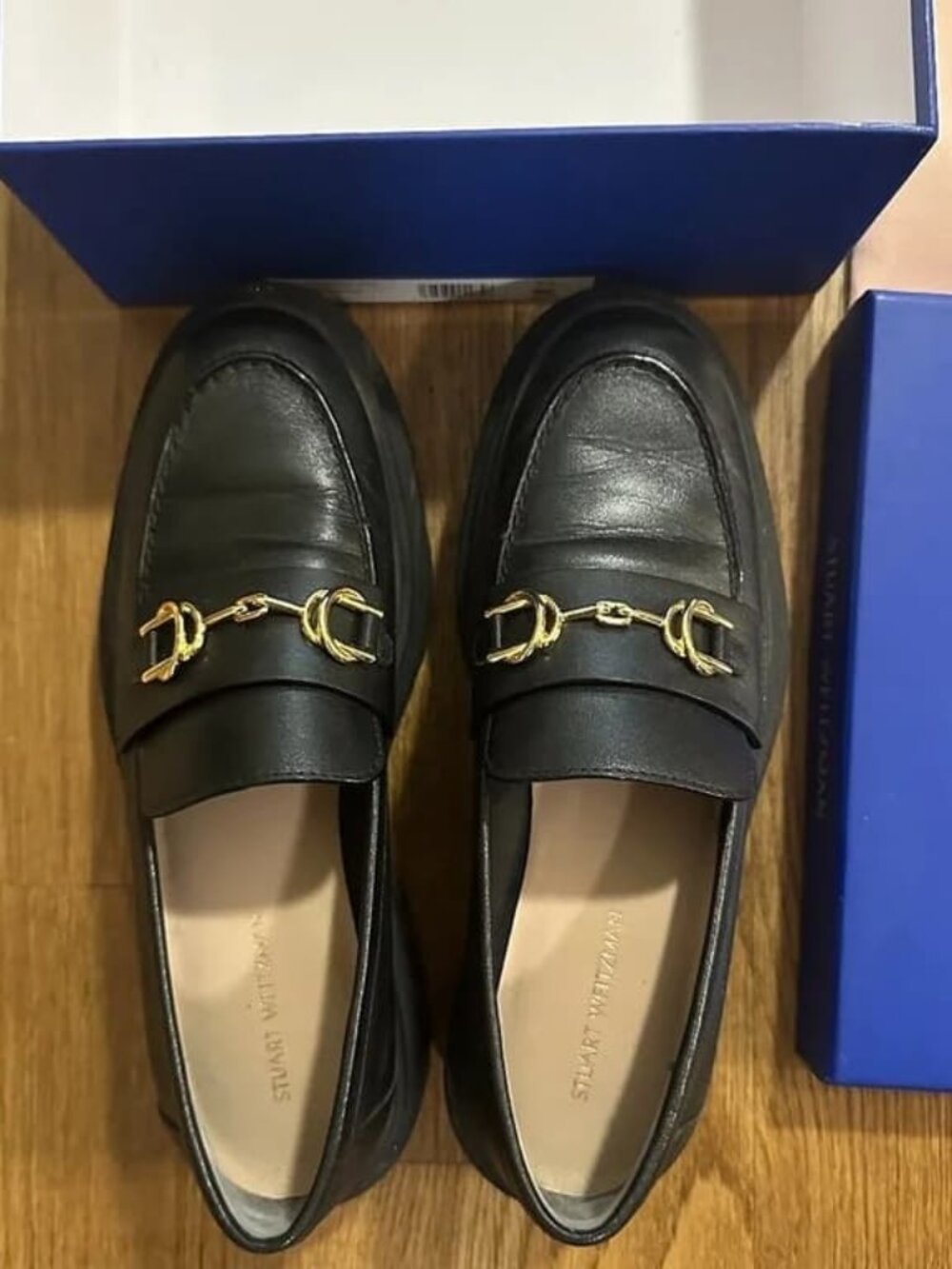Stuart Weitzman Black Leather Wedge Loafers with Gold Buckle sIZE 6.5